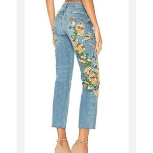 Free People Embroidered Jeans Girlfriend Cropped Raw Hem Hummingbird Floral 27